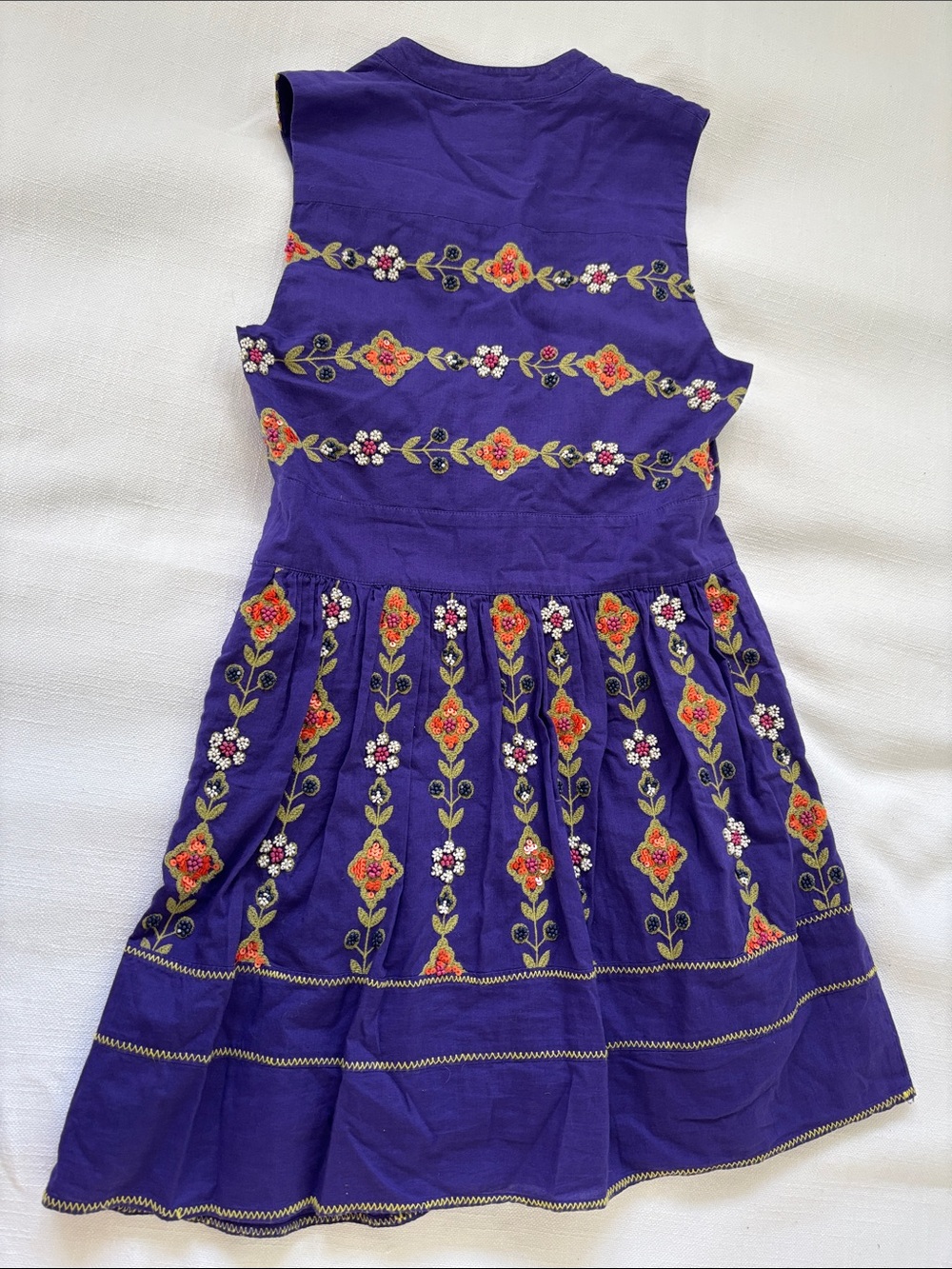 Maeve Violet Embroidered and beaded Sleeveless Dress with Yellow Trim -401sku - Picture 5 of 6